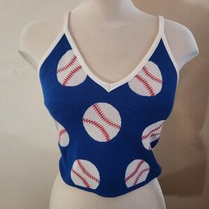 Debut Baseball Print Knit Crop Tank Top Women's ML Blue White‎ Red Strappy